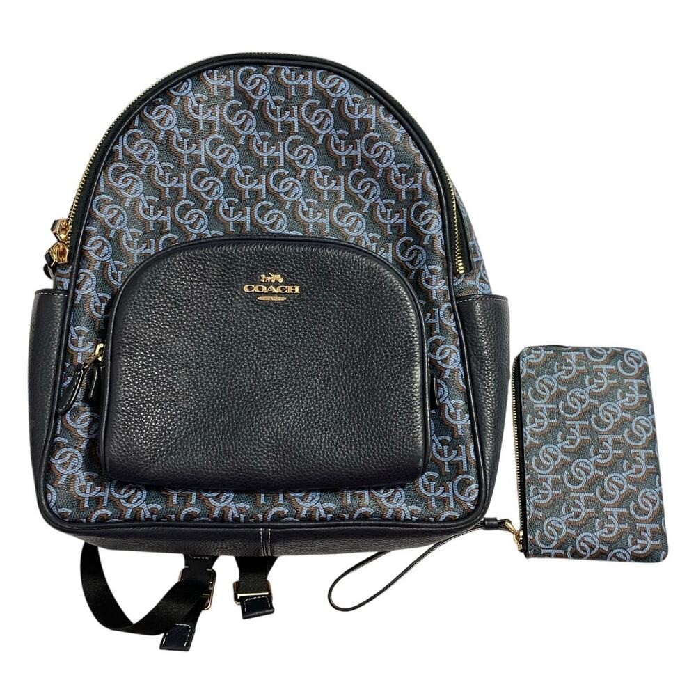 Coach Backpack + Wristlet Set – All Blue Signature Logo – Matching Pair